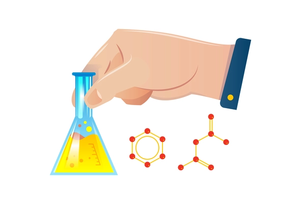 Chemistry laboratory composition with lab flask held by human hand and formula vector illustration