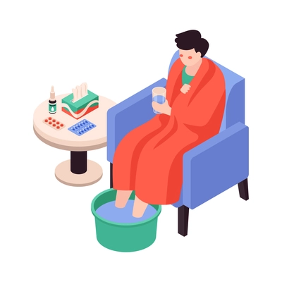Isometric cold flu virus sick people composition with sick person in gown with drugs on table vector illustration