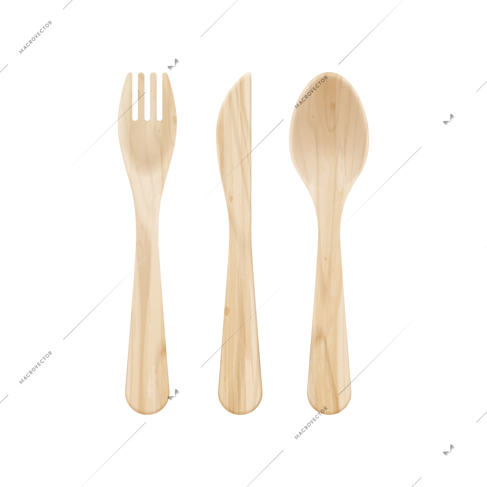 Realistic zero waste eco kitchen wooden cutlery composition with isolated images of wooden fork knife and spoon vector illustration