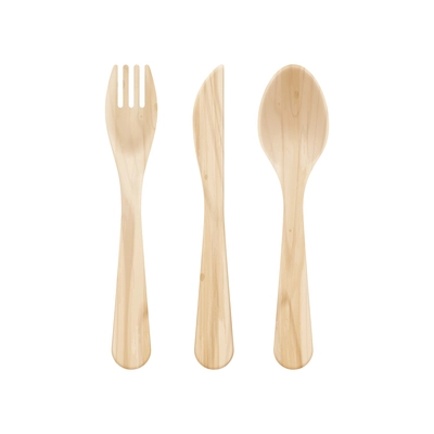 Realistic zero waste eco kitchen wooden cutlery composition with isolated images of wooden fork knife and spoon vector illustration