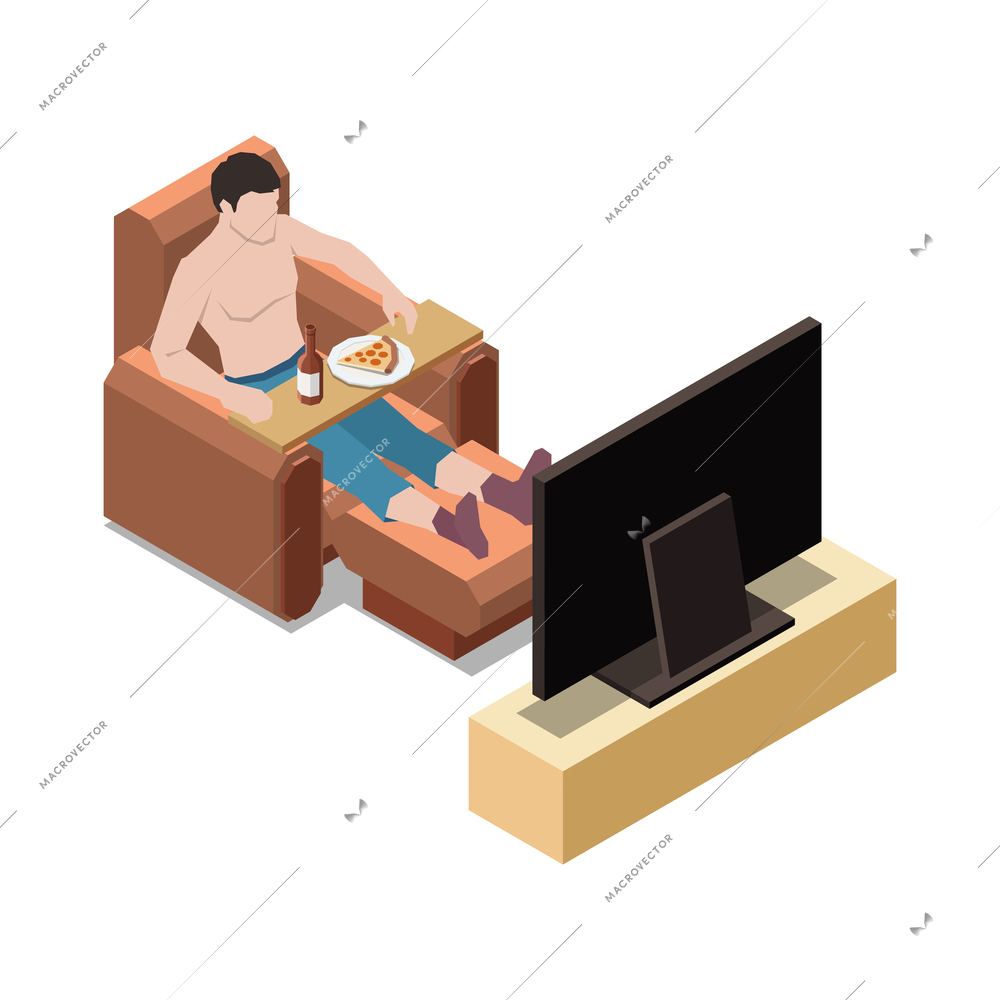 Stay at home isometric composition with male character watching tv with junk food vector illustration