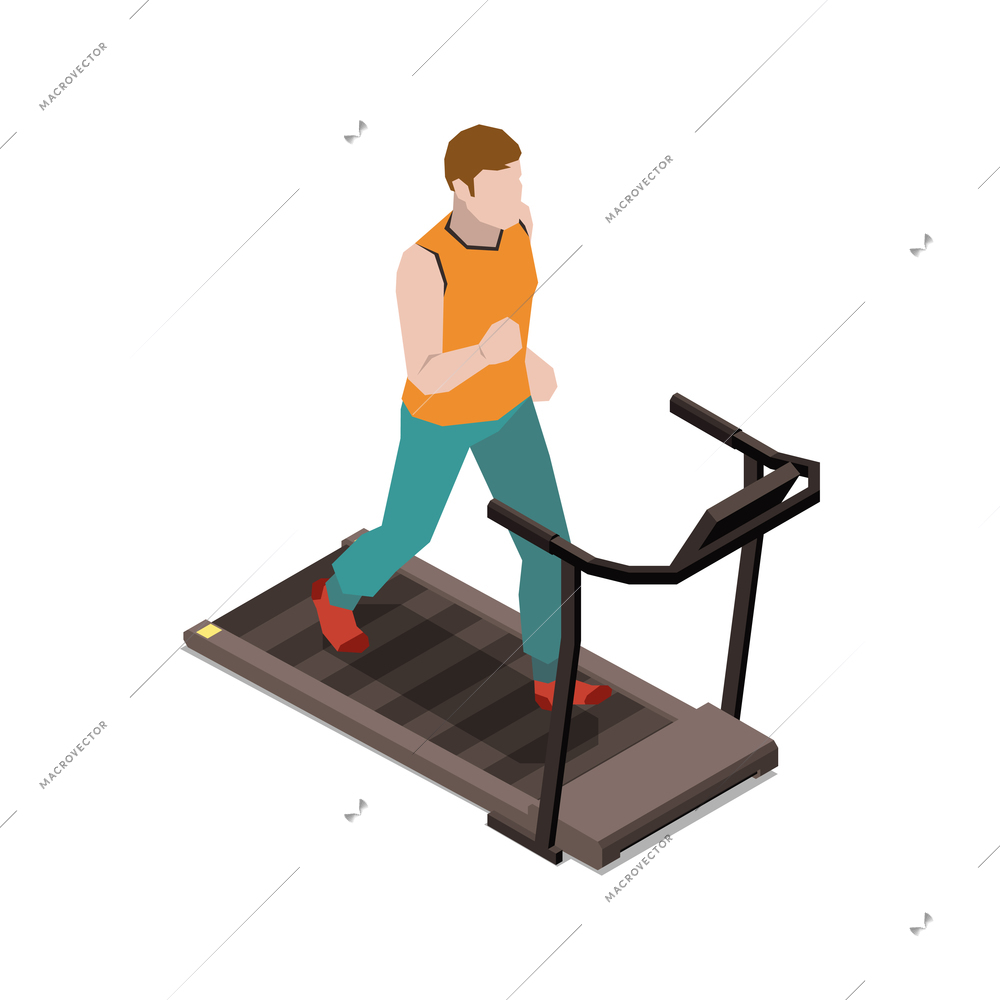 Stay at home isometric composition with human character running on machine moving track vector illustration