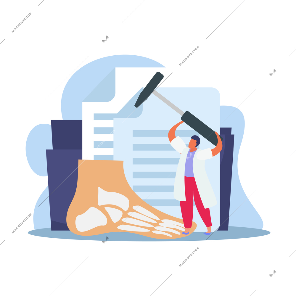 Orthopedics clinic flat composition with character of doctor holding hammer with human foot and paperwork vector illustration