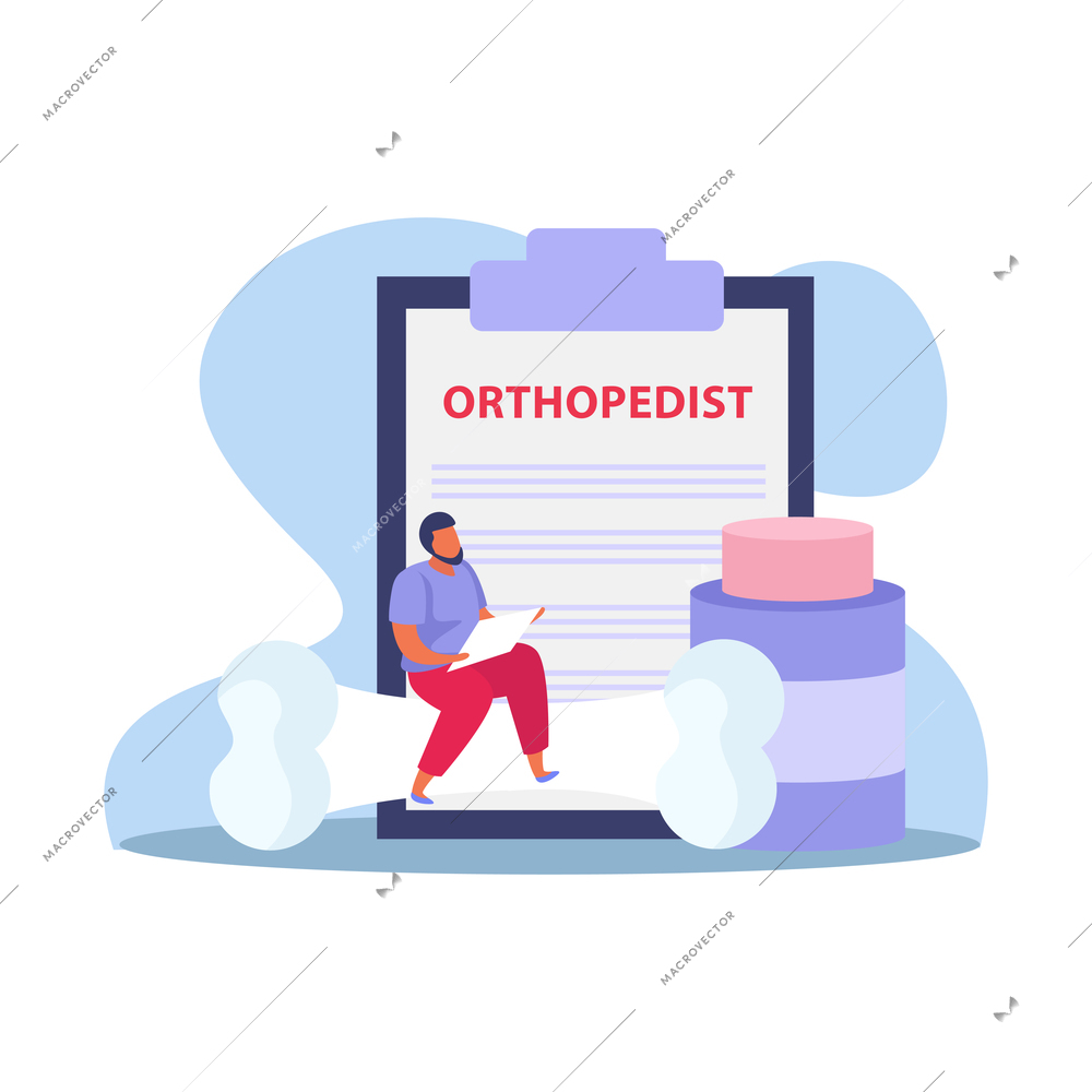 Orthopedics clinic flat composition with icons of doctors receipt paper and man sitting on big bone vector illustration