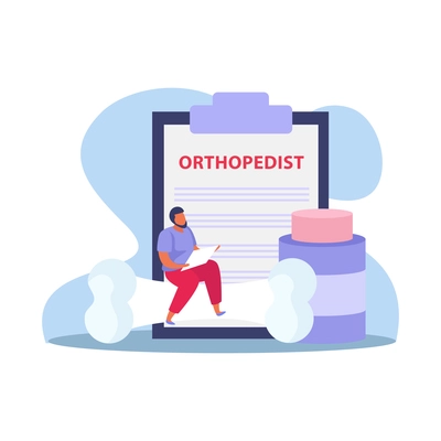 Orthopedics clinic flat composition with icons of doctors receipt paper and man sitting on big bone vector illustration