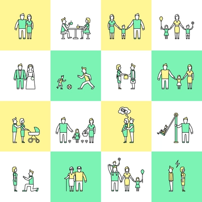 Family figures friends togetherness couple flat line icons set isolated vector illustration