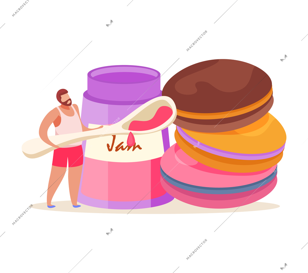 Sweets and people flat composition with male character holding spoon and bottle of jam with stack of cookies vector illustration