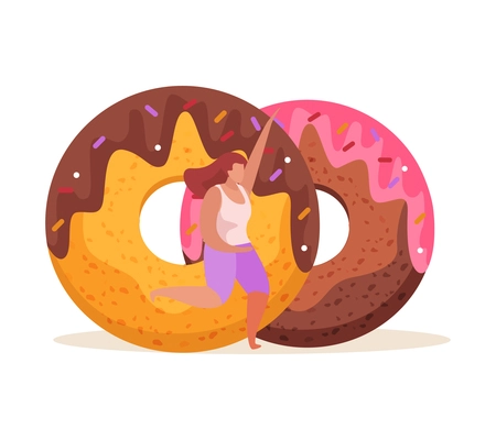 Sweets and people flat composition with female character and pair of creamy round donuts vector illustration