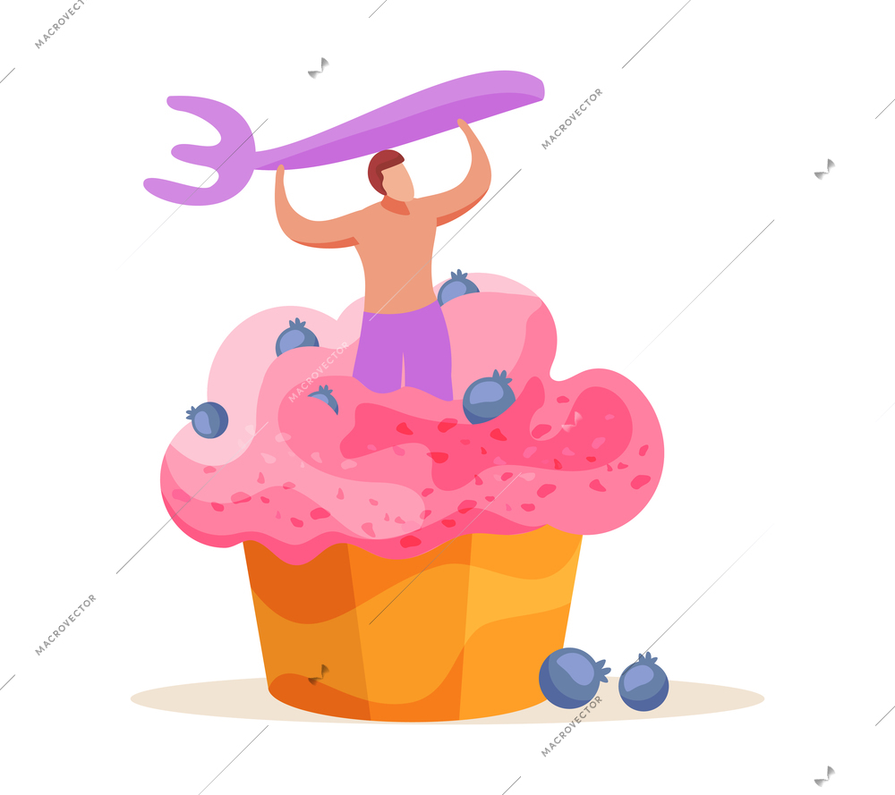 Sweets and people flat composition with male character holding fork standing inside creamy cupcake vector illustration