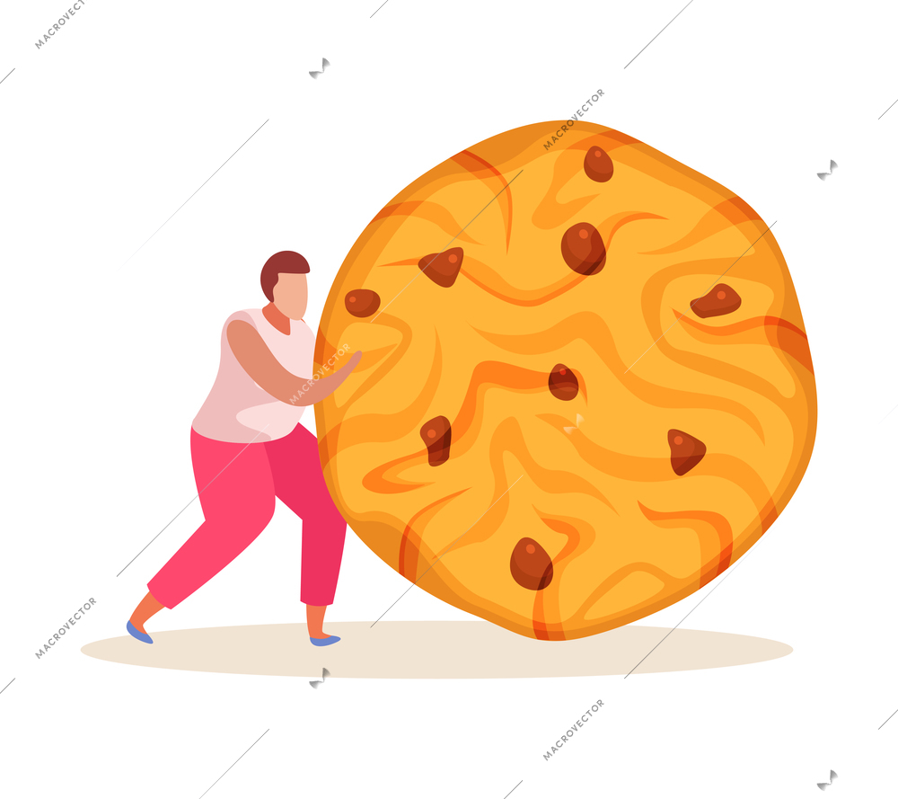 Sweets and people flat composition with male character pushing big cookie with chocolate dots vector illustration
