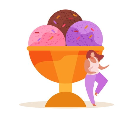 Sweets and people flat composition with female character and cup full of ice cream balls vector illustration