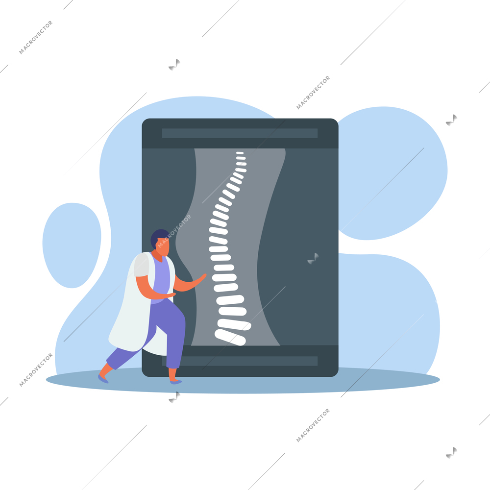 Orthopedics clinic flat composition with character of doctor in front of leg radiogram with bones vector illustration