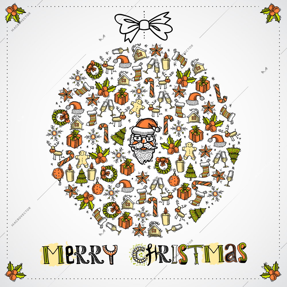 Vintage merry christmas new year holiday decoration sketch icons in ball shape vector illustration