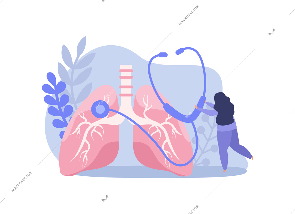 Lung inspection flat icons composition with female doctor holding sthethoscope and human lungs vector illustration