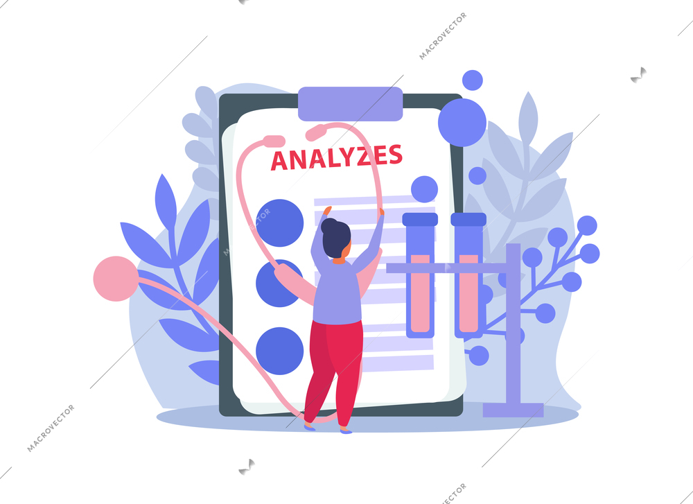 Lung inspection flat icons composition with paper sheet with analysis results and woman with sthethoscope and test tubes vector illustration