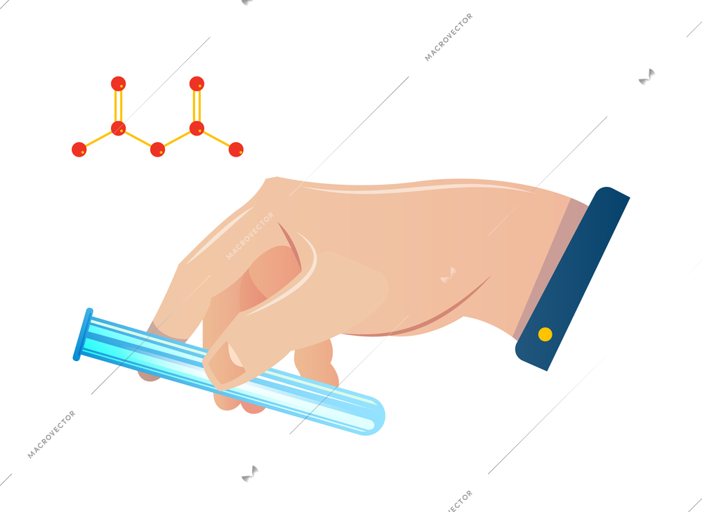 Chemistry laboratory composition with human hand holding test tube and chemical formula vector illustration