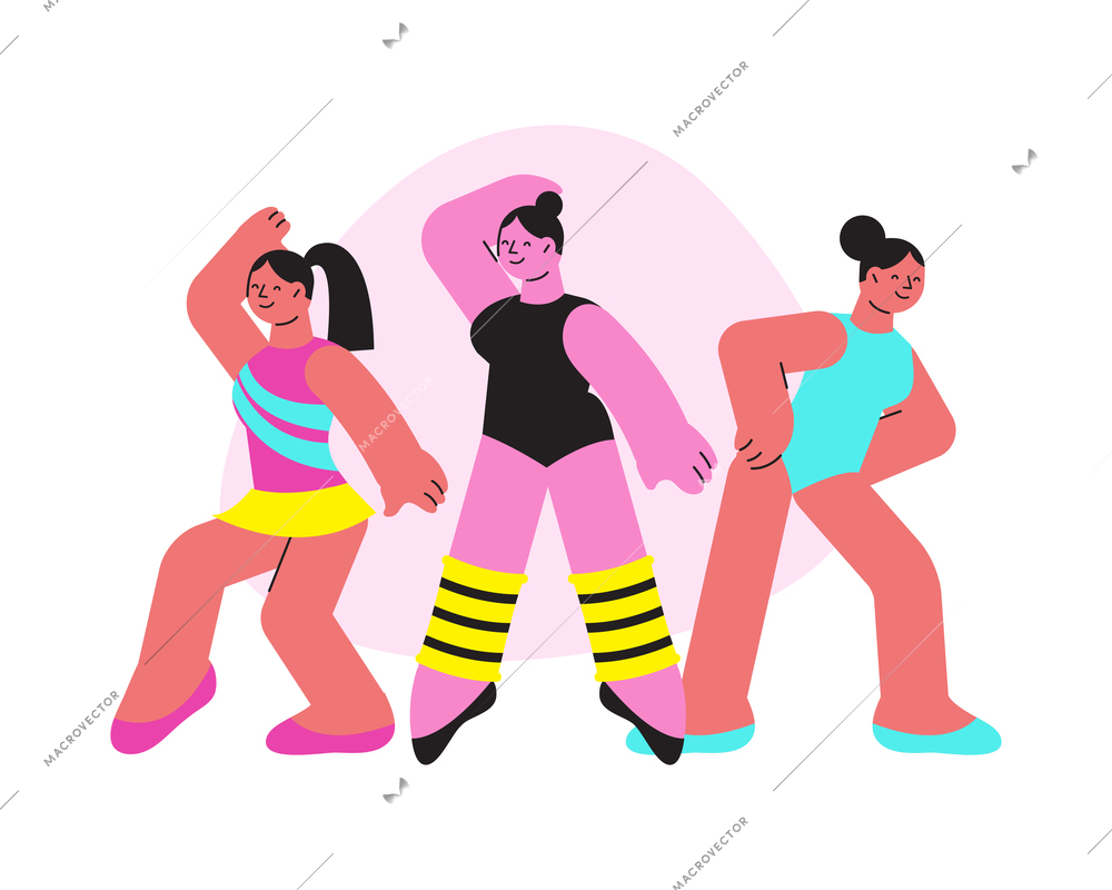 Dancing school flat composition with characters of three girls in modern costumes dancing contemporary vector illustration