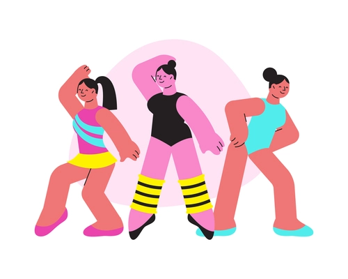 Dancing school flat composition with characters of three girls in modern costumes dancing contemporary vector illustration
