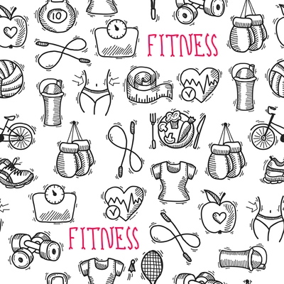 Fitness bodybuilding diet sport training healthcare black and white sketch seamless pattern vector illustration