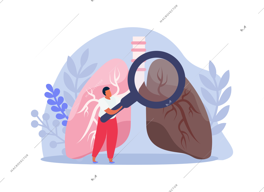 Lung inspection flat icons composition with healthy and damaged lung images with man holding hand glass vector illustration