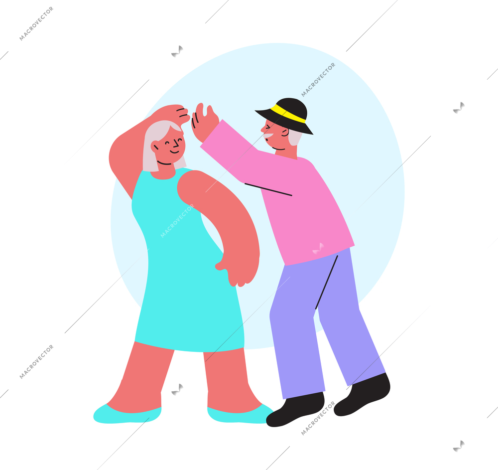 Dancing school flat composition with characters of elderly woman and man in hat dancing in couple vector illustration