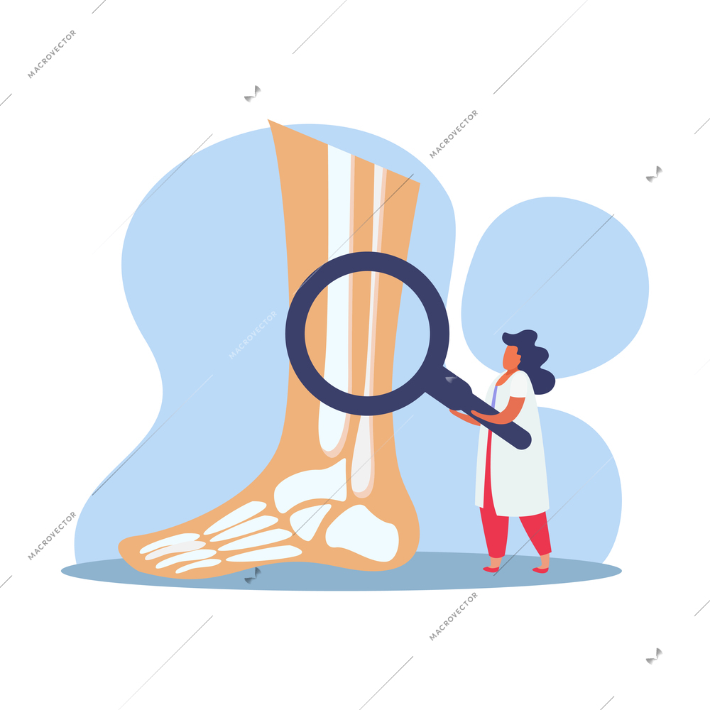 Orthopedics clinic flat composition with female doctor character holding hand glass and big leg with bones vector illustration