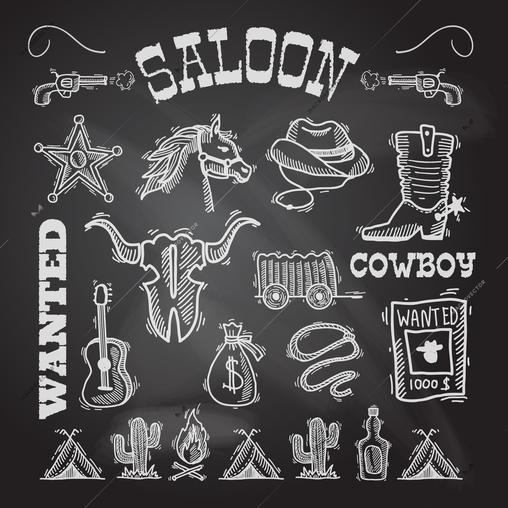 Wild west cowboy chalkboard set with gun money bag horse isolated vector illustration