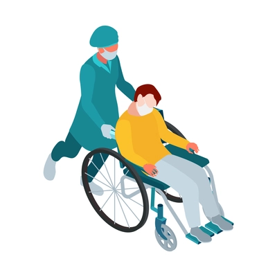 Isometric infectious disease doctor scientist virologist composition with patient in mask on wheelchair with doctor vector illustration