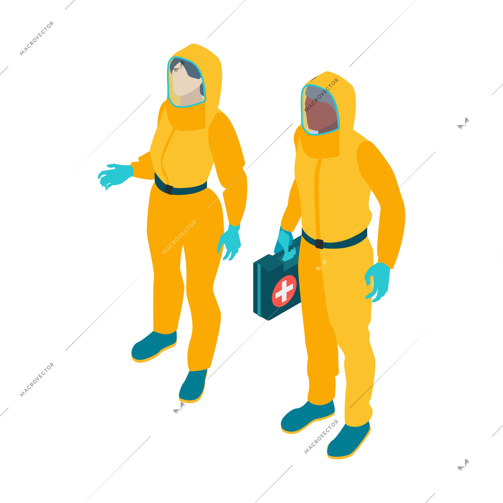 Isometric infectious disease doctor scientist virologist composition with pair of medical specialists in chemical protection suits vector illustration