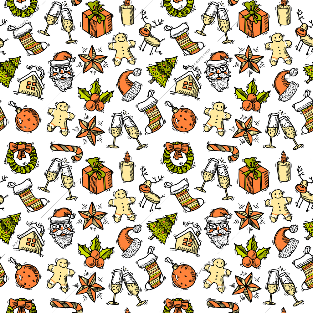 Christmas new year holiday decoration colored sketch seamless pattern vector illustration