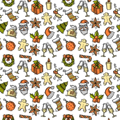 Christmas new year holiday decoration colored sketch seamless pattern vector illustration