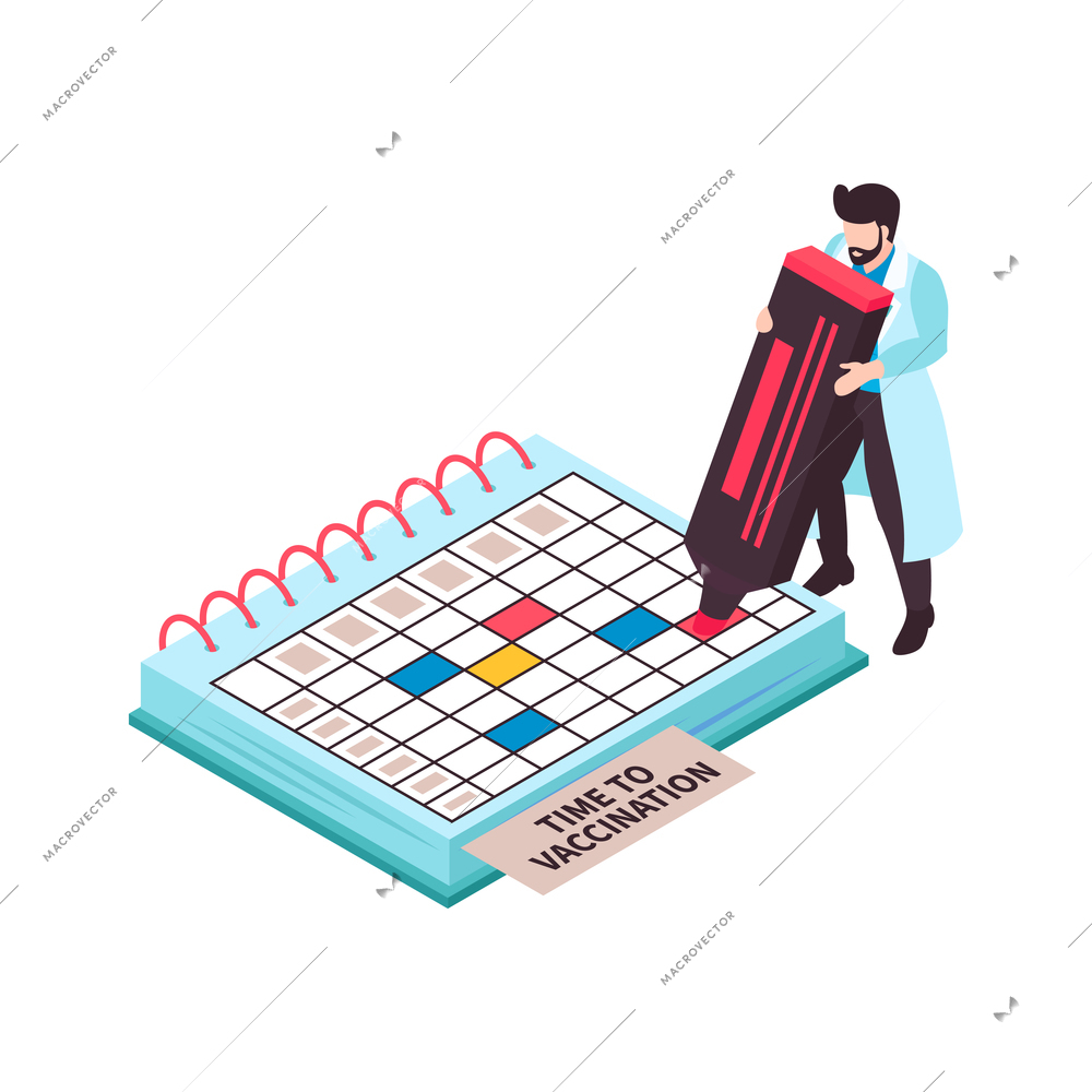 Isometric vaccination color composition with male doctor making marks in calendar vector illustration