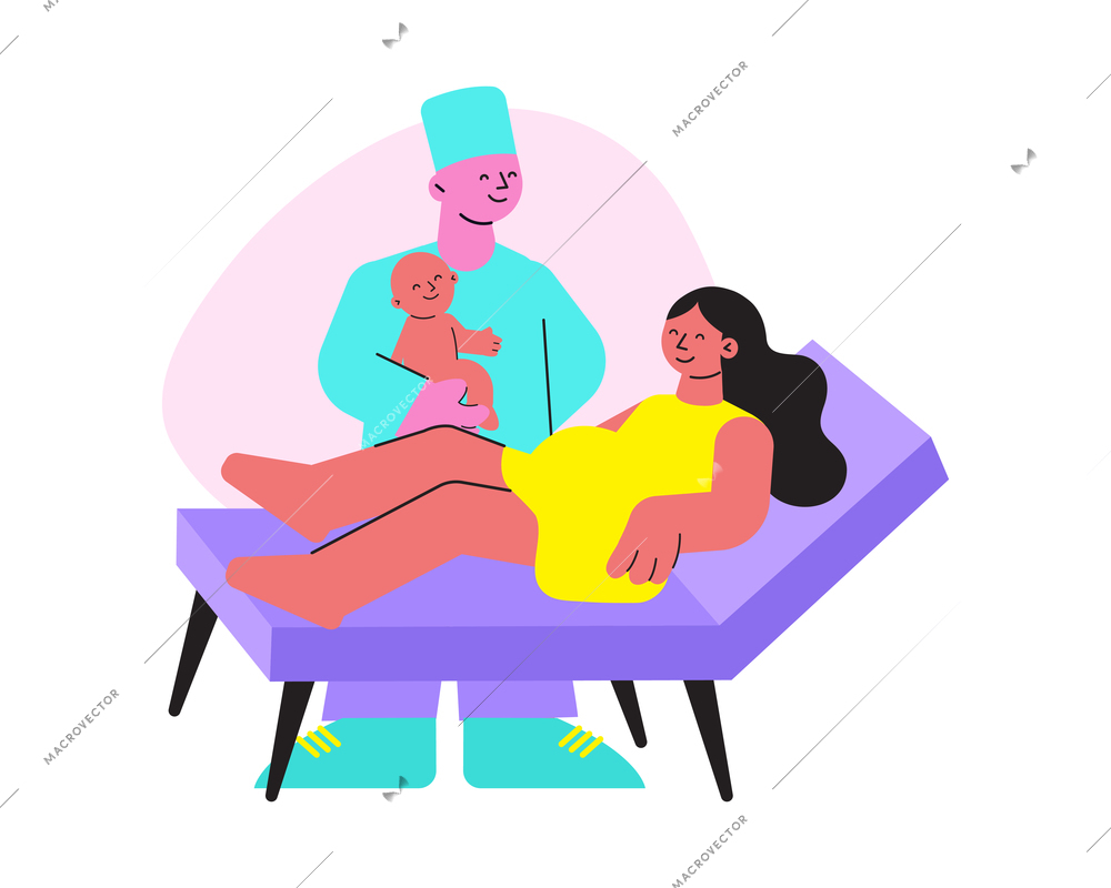 Childbirth flat composition with characters of happy mother and obstetrician holding her baby in arms vector illustration