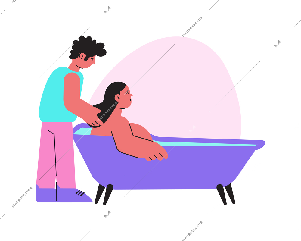 Childbirth flat composition with characters of man and pregnant woman taking bath vector illustration