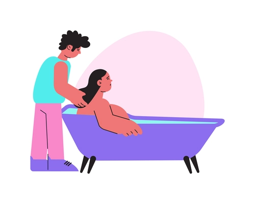 Childbirth flat composition with characters of man and pregnant woman taking bath vector illustration