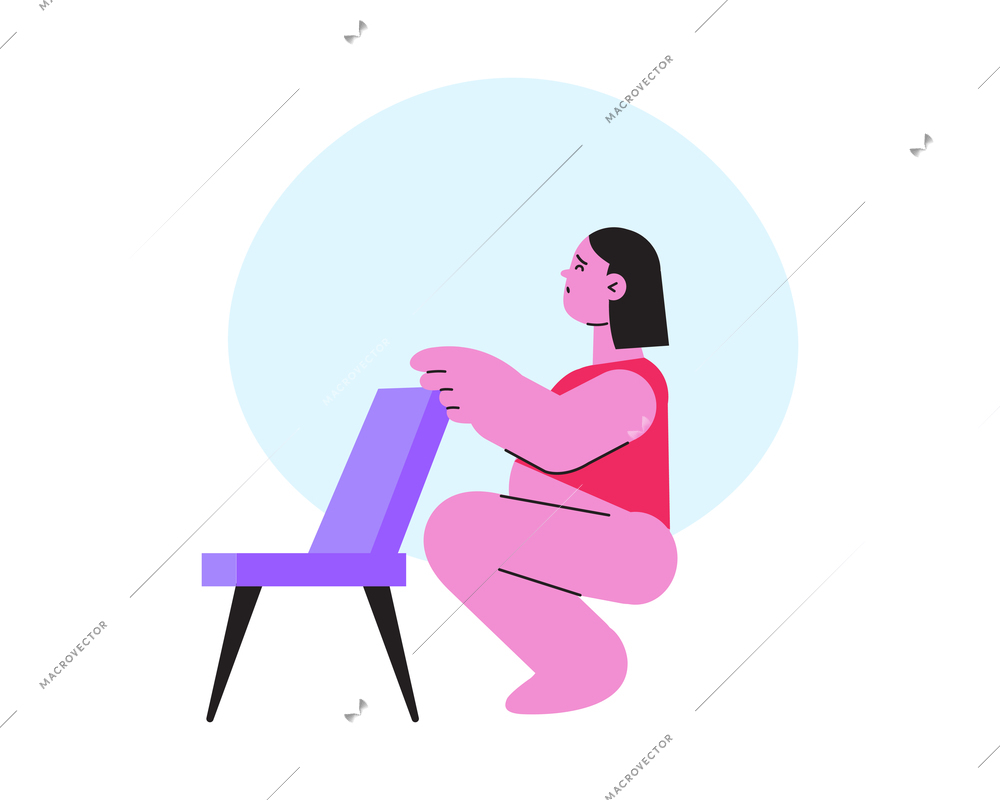 Childbirth flat composition with character of pregnant woman doing sport exercise at home with chair vector illustration