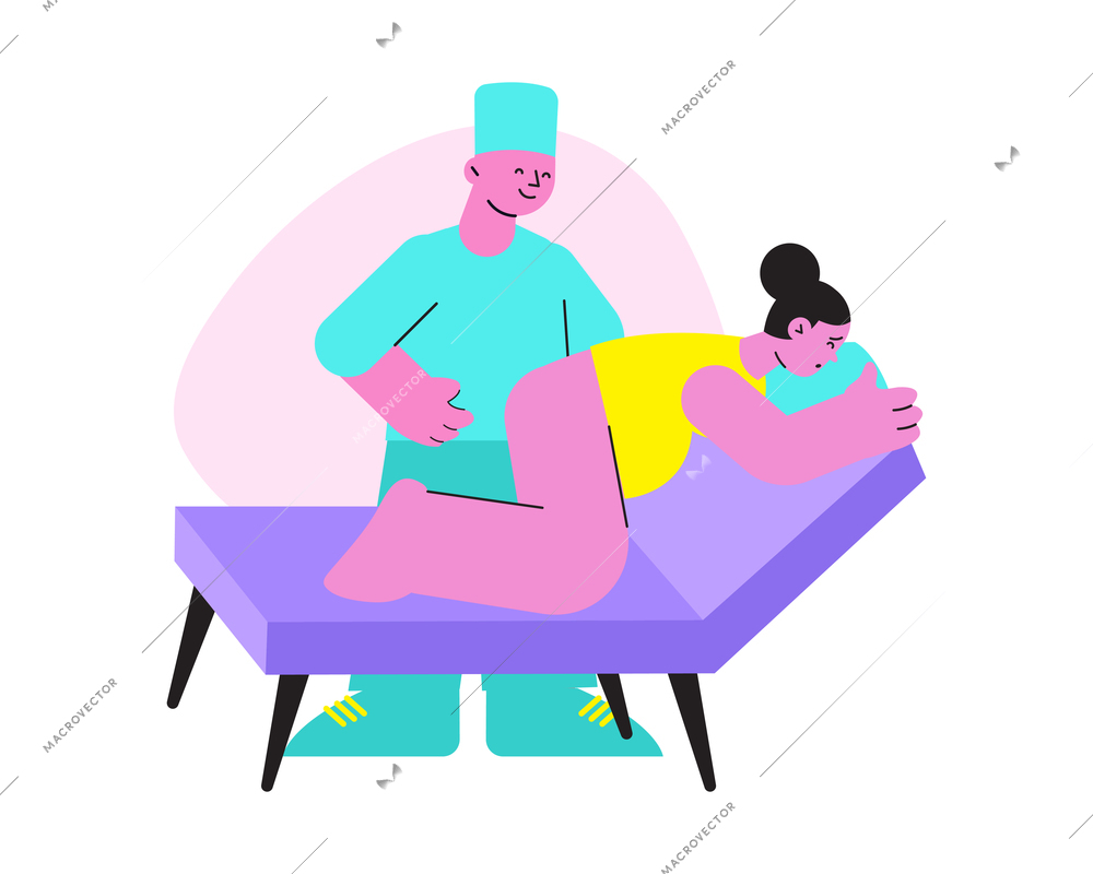 Childbirth flat composition with female character of pregnant woman at specialists examination vector illustration