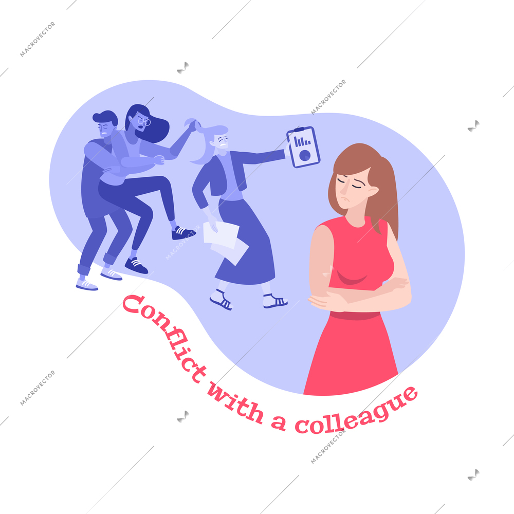 Work conflict flat composition with view of coworker characters picking a fight with editable text vector illustration