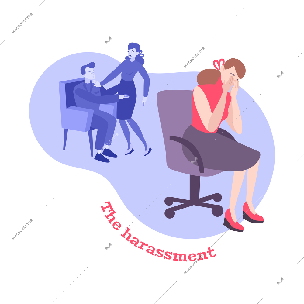 Work conflict flat composition with view of sexual harassment from male boss to female employee with text vector illustration