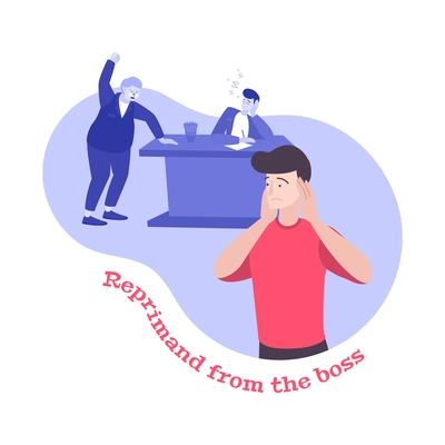 Work conflict flat composition with characters of crying angry boss and frightened employee with text vector illustration