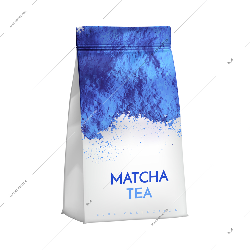 Blue matcha tea realistic composition with isolated image of branded product package vector illustration