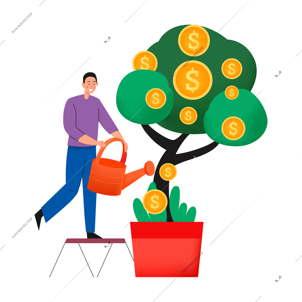 Crowdfunding composition with flat icons of coins on money tree with man and watering pot vector illustration