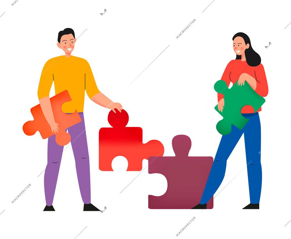 Crowdfunding composition with flat icons of puzzle pieces held by male and female characters vector illustration