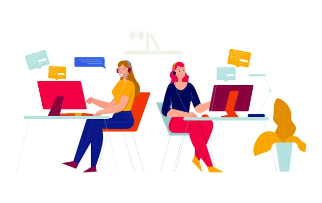 Office people composition with two female colleagues working back to back vector illustration