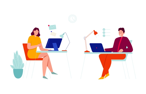 Office people composition with view of two similar working places with coworkers vector illustration
