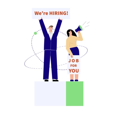 Hiring employment flat composition with human characters holding placards and megaphone vector illustration