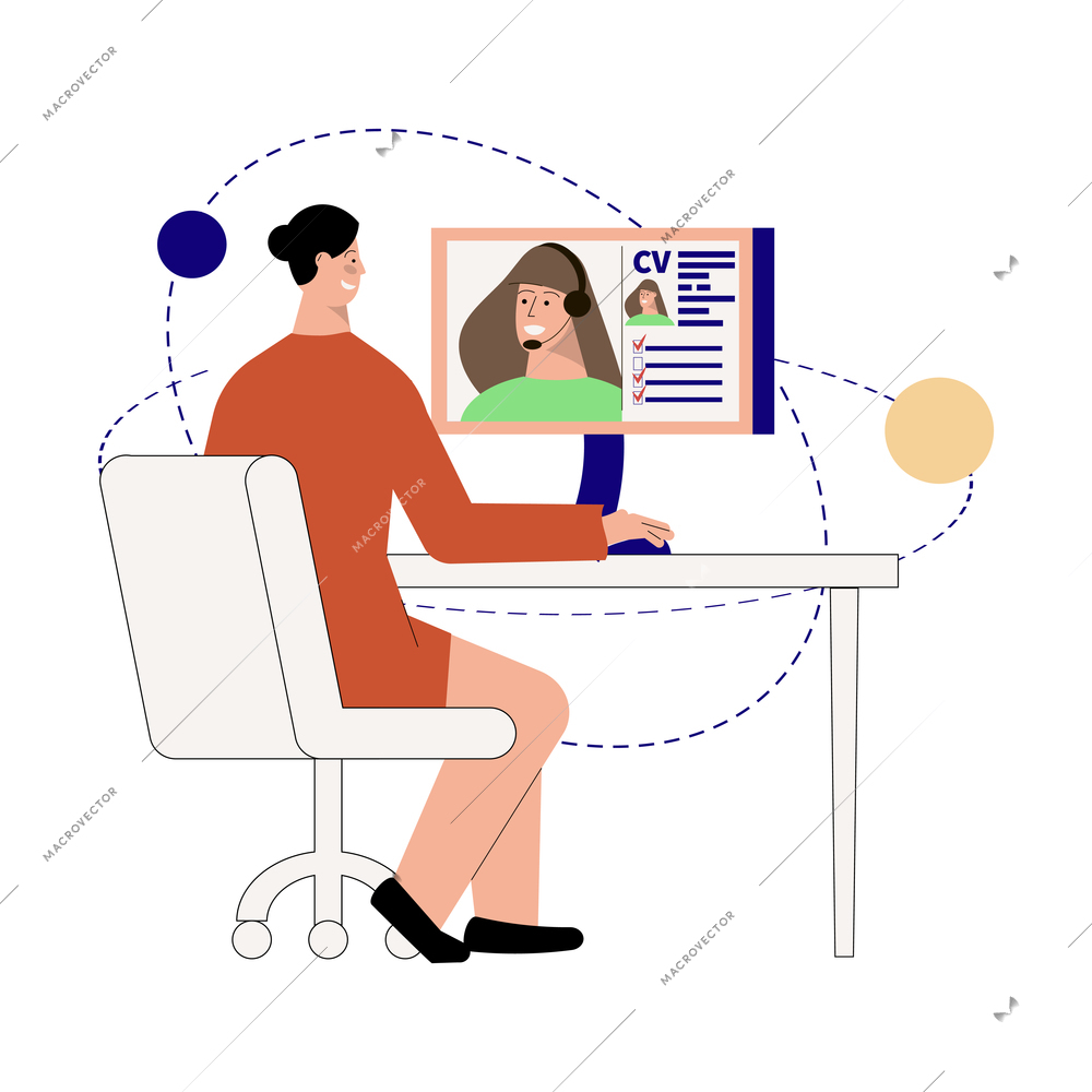Hiring employment flat composition with human character of hr looking into candidates cv on computer screen vector illustration