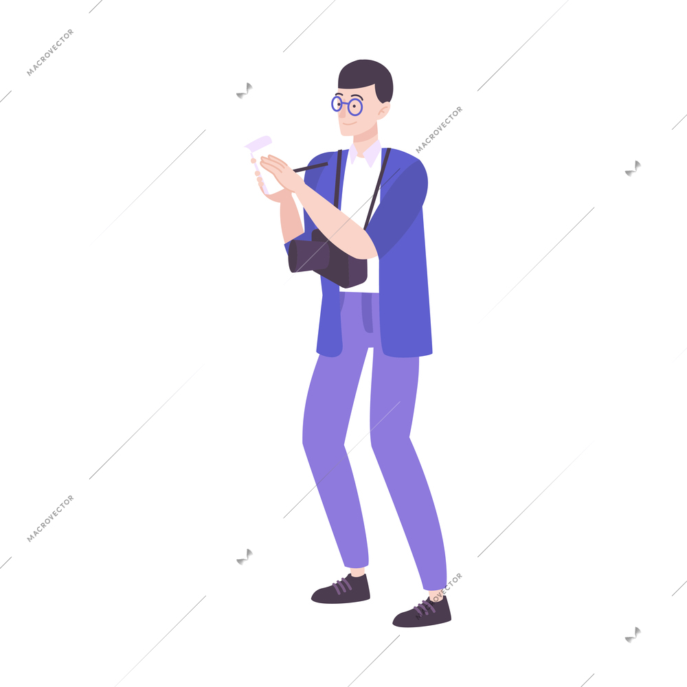 Photoschool flat composition with male student of photography school making notes in portable notebook vector illustration
