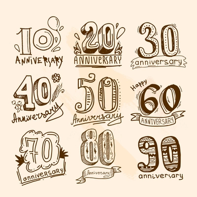 Anniversary celebration hand drawn signs collection set isolated vector illustration