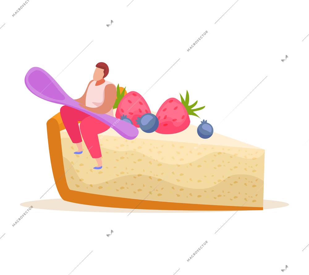 Sweets and people flat composition with man sitting on top of berry cheesecake with spoon vector illustration